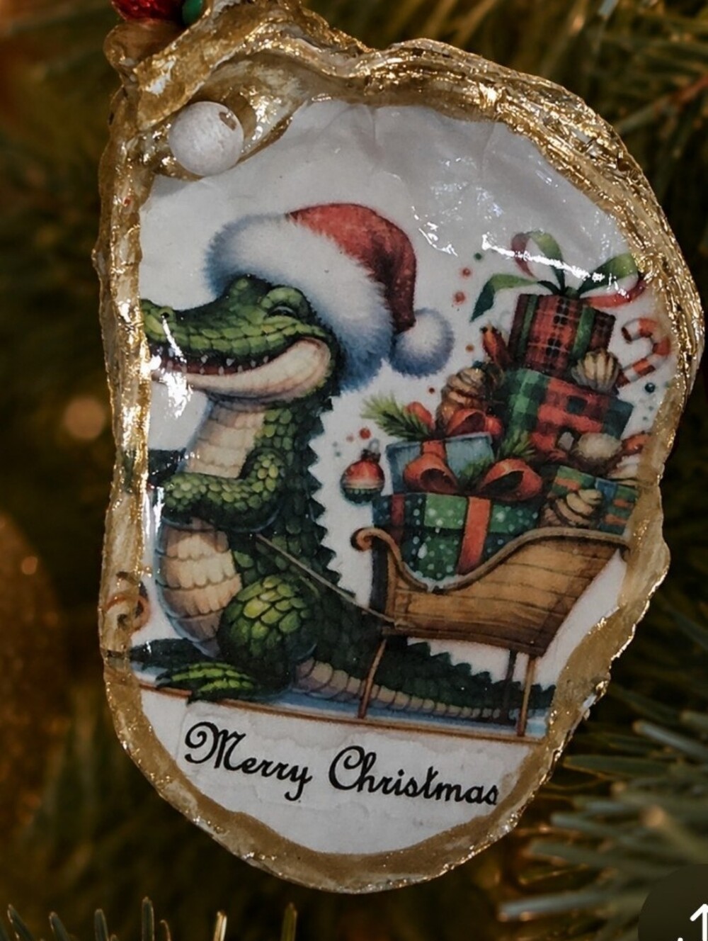 Handmade Oyster Shell Christmas Ornament – Alligator Santa with Gifts, Coastal H